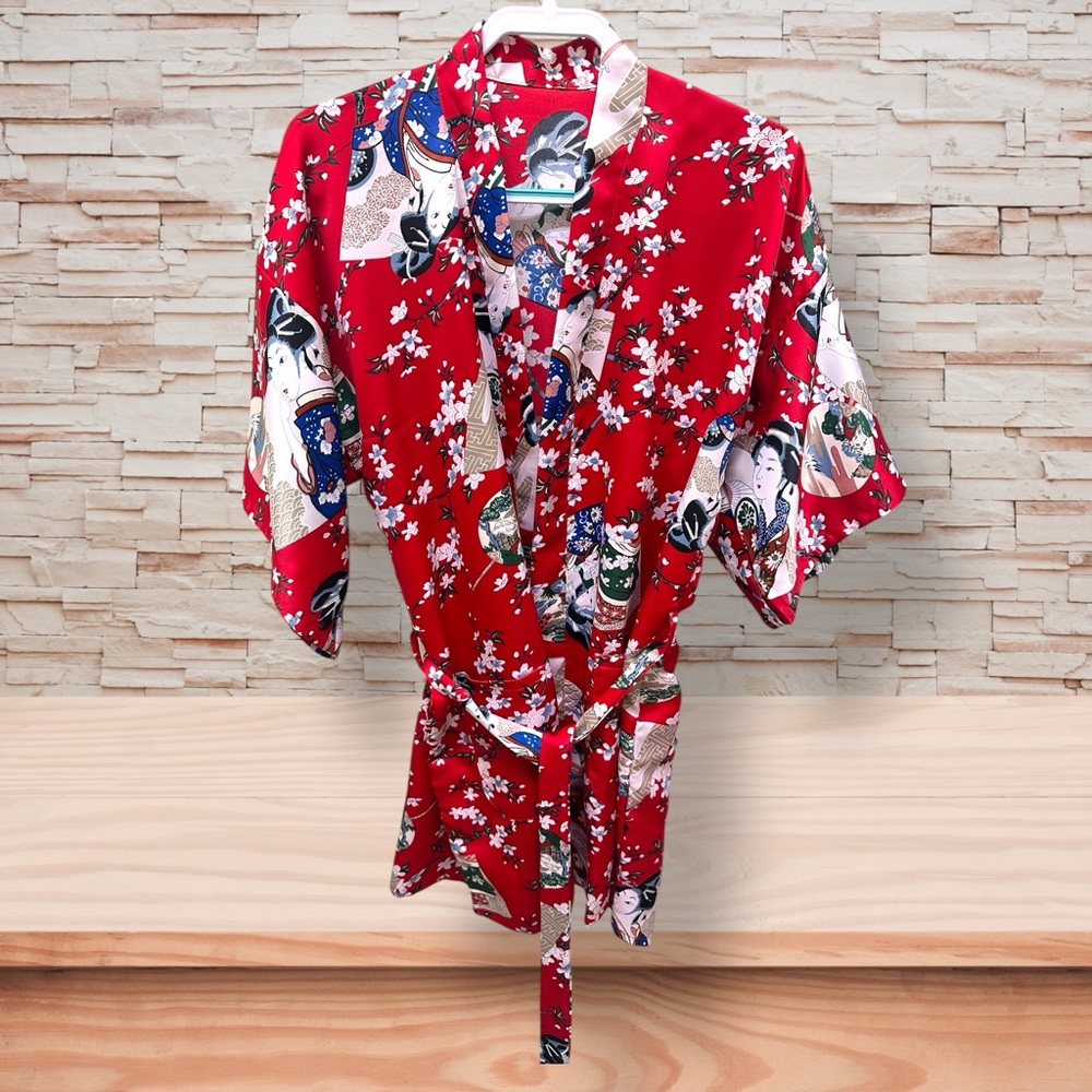 Red Floral Satin Short Kimono Robe with Tie Belt